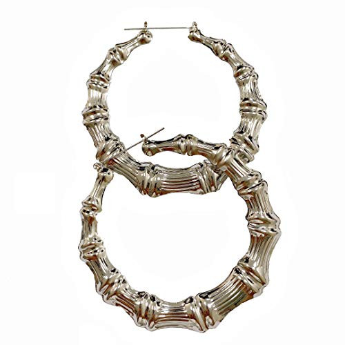 Bamboo Earrings Hip-Hop Geometric Bamboo Hoop Earrings for Women -Silver-