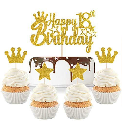 Gold Glitter Happy 18th Birthday Cake Topper with Crown Star Cupcake Toppers for Cheers to 18 Years-Sweet Eighteen Anniversary Birthday Party Decorations Supplies 5Pcs