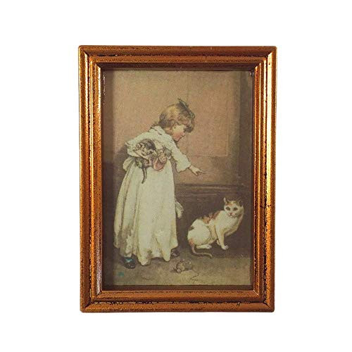 Melody Jane Dollhouse Girl and Cat Picture Painting in Wooden Frame Miniature Accessory