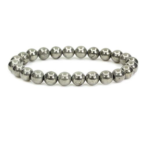 Keleny 8mm Natural Yellow Iron Pyrite Stone Round Beads Stretch Bracelet 7 Inch Unisex