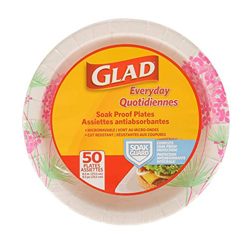 Glad 8 1-2-Inch Round Paper Plates - Soak Proof Cut Resistant Microwavable Disposable Paper Plates for Everyday Use - White Paper Plates with Pink Floral Design Heavy Duty Paper Plates 50ct