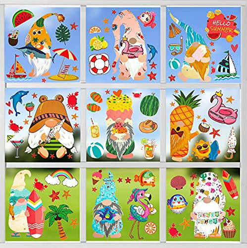 Unves 9 Sheets Summer Window Clings for Glass Windows Gnome Window Clings Flamingo Lemon Pineapple Summer Window Clings Stickers Decals for Home Office Kids School Party Supplies