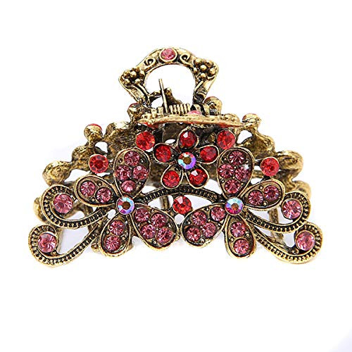 Retro Flowers Hair Claw Clip for Women Lady Vintage Alloy Rhinestone Hair Jaw Clips Hairpin Fancy Hair Clamp -Red-
