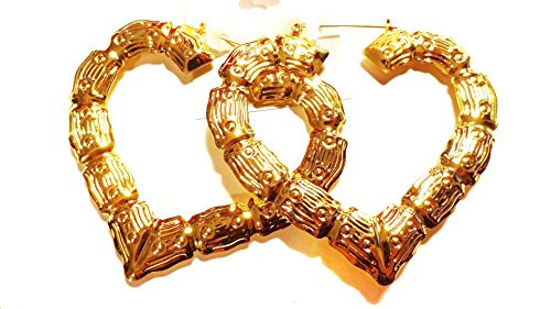 Large Bamboo Heart Hoop Earrings Gold Tone Earrings 3.5 Inch Large Bamboo Heart Hoop Earrings Gold Tone Earrings 3.5 Inch