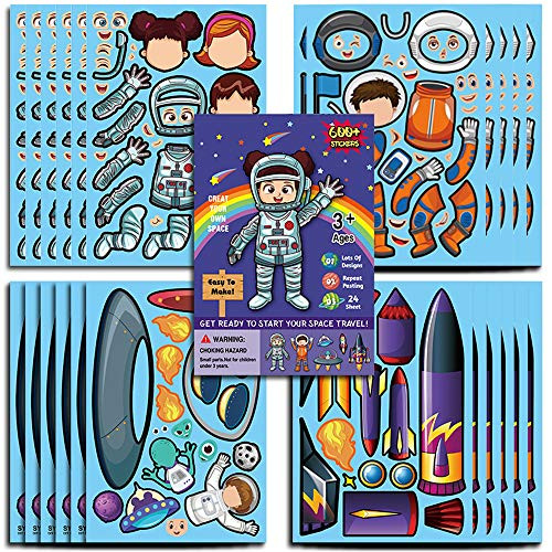 Space Astronaut StickersMake Your Own Astronaut-UFO  and  Alien-Rocket StickersMake-A-Face StickersOuter Space Theme Party Favor StickersDecorationsPrizesFun Kids Craft Activity -24 Sheets-