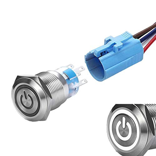 WerFamily Power Symbol 12V White LED 19mm Latching Push Button Switch 1NO 1NC SPDT ON-OFF Waterproof Stainless Steel Metal Round with Wire Socket Plug