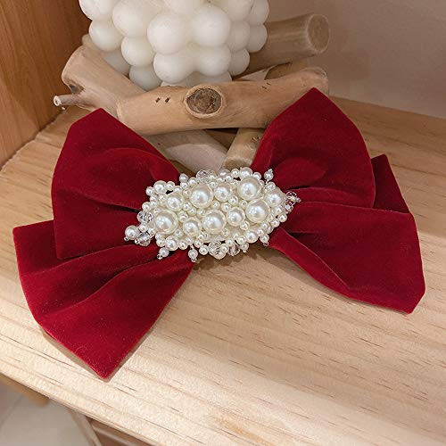 French Style Large Velvet Hair Bow Clips Big Bowknot Barrettes Bridal Sweet Women Hair Accessories Pearl Hairpin Ponytail Holder-red-
