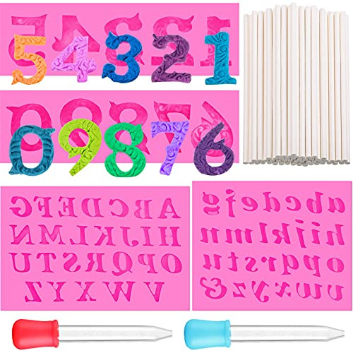 4 Pieces Silicone Letters Numbers Molds Uppercase and Lowercase Letters Molds 0-9 Number Chocolate Molds 3D Silicone Embossed Fondant Mold with 50 Lollipop Sticks and 2 Droppers for Candy Cake