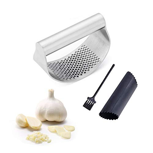 Garlic Press Garlic Mincer Stainless Steel Garlic Press Rocker Matching Garlic Peeler Roller and Cleaning Brush Garlic Press Pampered Chef for Kitchen Easy Work