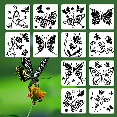 12 Pieces Butterfly Stencils Reusable Art Painting Templates for Scrapbooking Craft Home Wall Floor Furniture Drawing Tracing Decor DIY Art Supplies About 6.3 Inch
