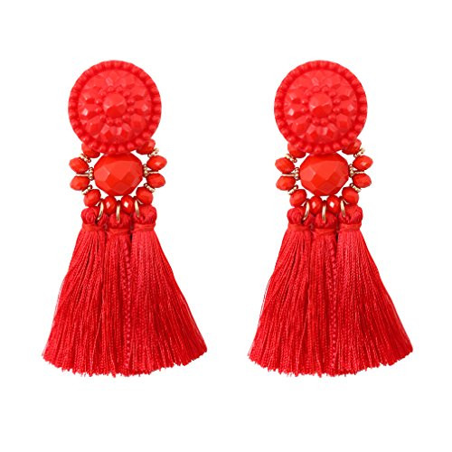 Boderier Thread Tassel Earrings Chandelier Drop Dangling Earrings with Beaded Hoops Stud Earrings Statement Dangles for Women -Red- Boderier Thread Tassel Earrings Chandelier Drop Dangling Earrings with Beaded Hoops Stud Earrings Statement Dangles for Women -Red-