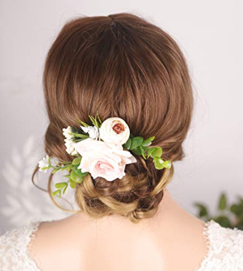 Kercisbeauty Boho Bridal Dusty Pink White Rose Flower Hair Comb Wedding Floral Headpiece Prom Girl Cute Hair Clips Women's Handmde Hair Accessories