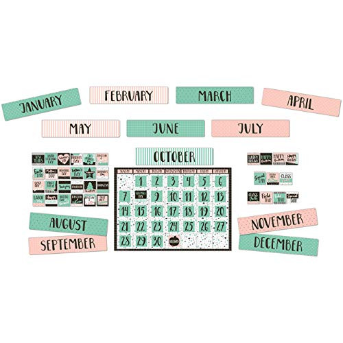 Eureka Pink and Green Confetti Pattern Classroom Calendar Bulletin Board Set and Classroom Decorations for Teachers, 83pcs