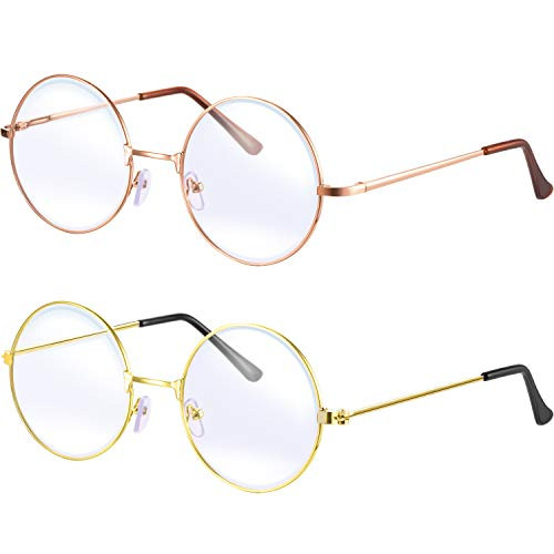 Bememo 2 Pairs of Wizard Glasses Round Wire Costume Glasses Accessories for Dressing Up -Gold and Rose Gold-