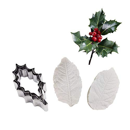 AK ART KITCHENWARE Sugarpaste Flower and Leaves Veiner and Cutters Set Silicone Veining Molds Fondant Cake Decorating Tools for Bakery -Holly Leaf Vein-