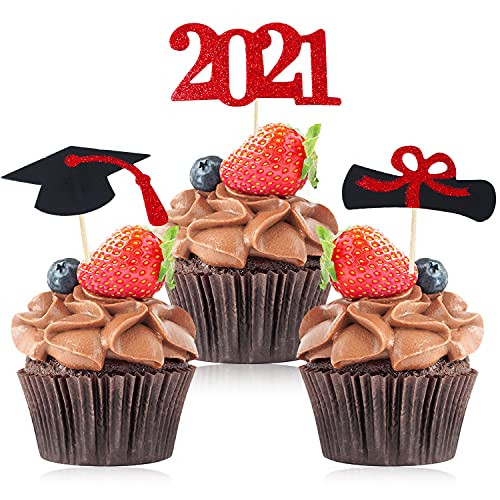 Kederwa 48pcs Graduation Cupcake Toppers 2021 Red Graduation Cupcake Picks Glitter Grad Cupcake Topper for 2021 Graduation Cupcake Decorations
