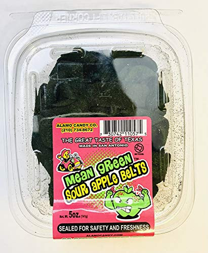 Alamo Candy Mean Green Sour Apple Belts -1 Count Sour Sugar Candy 5oz-