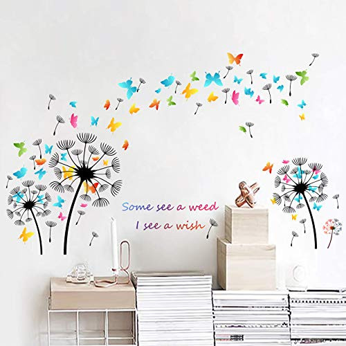 Dandelion Wall Decals Flying Flowers Butterflies Wall Stickers Removable Colorful Dandelions Wallpaper Peel and Stick Art Mural for Classroom Kids Bedroom Bathroom Nursery Decoration