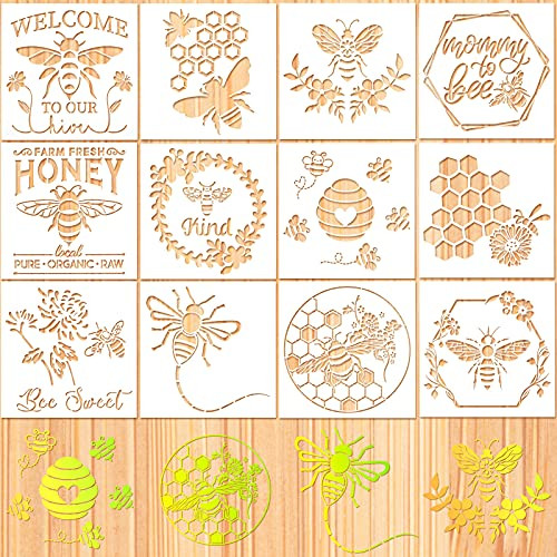 12 Pieces Bee Stencil Template Honeycomb Honey Stencils Reusable Mylar DIY Bee Sweet Template Welcome to Our Stencils for Painting on Wall Home Wood 6 x 6 Inch