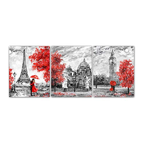 Paris Eiffel Tower Posters Art Painting Set of 3 White Black Red Paris Theme London Big Ben Eiffel Tower Wall Art Decor for Girls' Bedroom Unframed 8x10inches