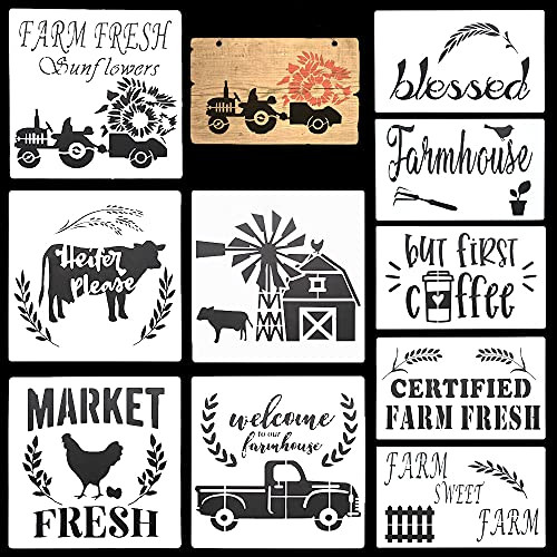 10Pcs Farmhouse Stencils Reusable Farm Stencils Farm Theme Painting Stencils for Painting on Wood DIY Decor -White-