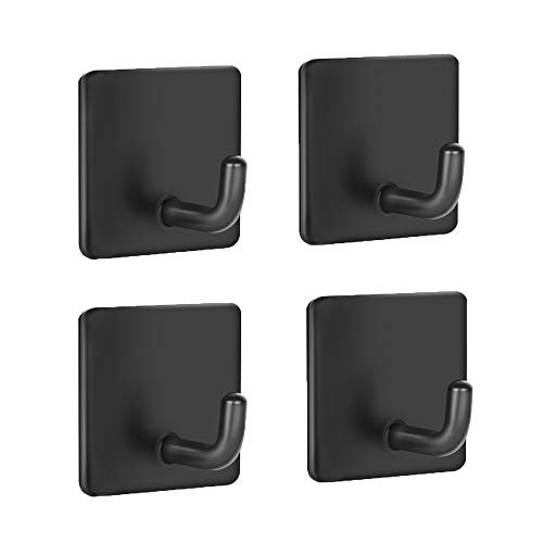 Adhesive Hooks Black Heavy Duty Stick on Wall Door Cabinet Stainless Steel Towel Coat Clothes Hooks Self Adhesive Holders for Hanging Kitchen Bathroom Home 4 Pack
