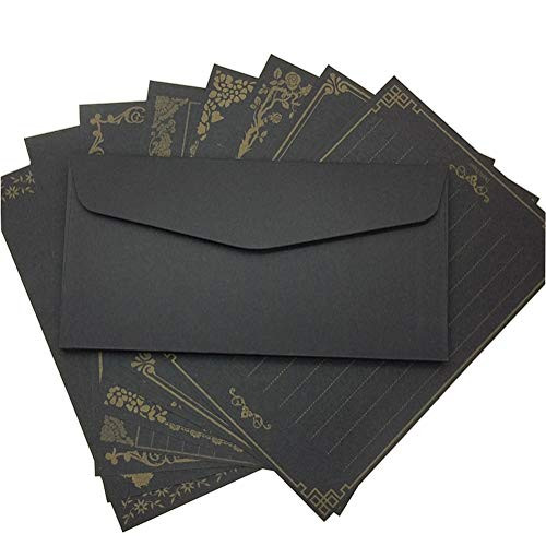Vintage Kraft Paper Writing Stationery Paper with Envelopes Set Writing Paper Letter Set 8PCS 8.2x5.5inch Special Design Writing Stationery Paper and 8PCS 8.2x4.3inch Envelops-Black-