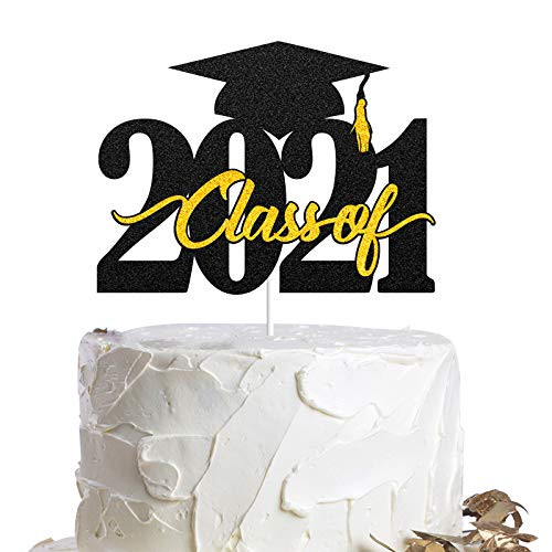 Class of 2021 Graduation Cake Topper Black Gold Glitter Congrats Grad Cake Decorations Congratulations Grad 2021 Party Supplies