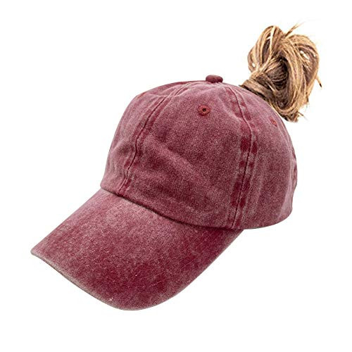 Waldeal Women's Vintage High Ponytail Hat Plain Messy Bun Baseball Cap Burgundy
