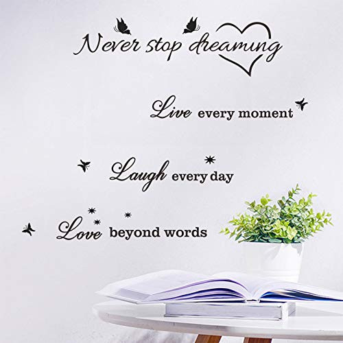 Never Stop Dreaming Live Laugh Love Wall Decal Vinyl Stickers Removable Butterfly Art DIY Quote Sticker Mural for Bedroom Living Room Home Window Door Decoration