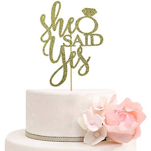She Said Yes Cake Topper for Wedding Bridal Shower Engagement Bachelorette Party Decorations Supplies -Gold Glitter-