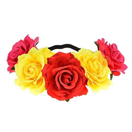 Vividsun Rose Flower Crown Wedding Festival Headband Floral Garland Crown Headpiece -rose red yellow-