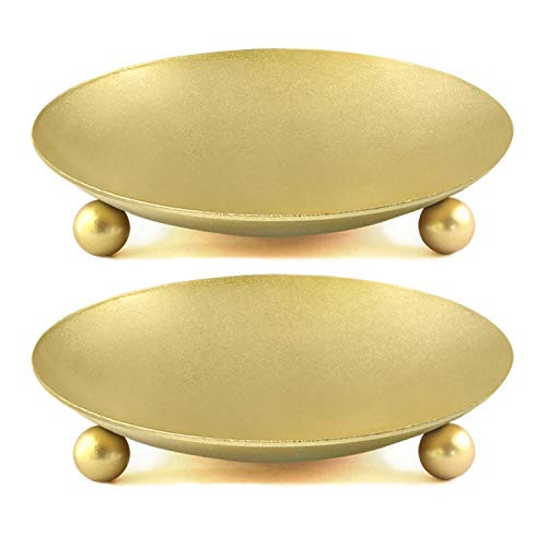 Nowepai Iron Plate Gold Candle Holder Set of 2 Decorative Iron Pillar Candle Plate 4.1" Diameter Candle Stand for LED Candles Wax Incense Cones as Pedestal