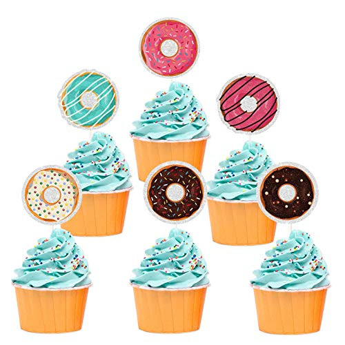 18Pcs Glitter Donut Theme Cupcake Toppers For Candy Doughnut Theme Birthday Wedding Party Summer Baby Shower Donut Grow Up Party Decoration Supplies