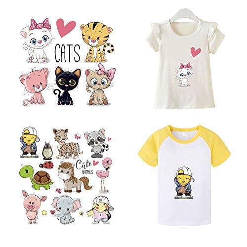 Kids DIY Heat Transfer Stickers Iron on Transfers Patches Set 2 Sheets Assorted Cute Animal Iron on Appliques Patches for T-Shirt Clothing Jeans Backpacks