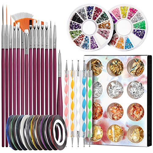 Nail Pen Designer Teenitor Stamp Nail Art Tool with 15pcs Nail Painting Brushes Nail Dotting Tool Nail Foil Manicure Tape Color Rhinestones for Nails-Rose Red