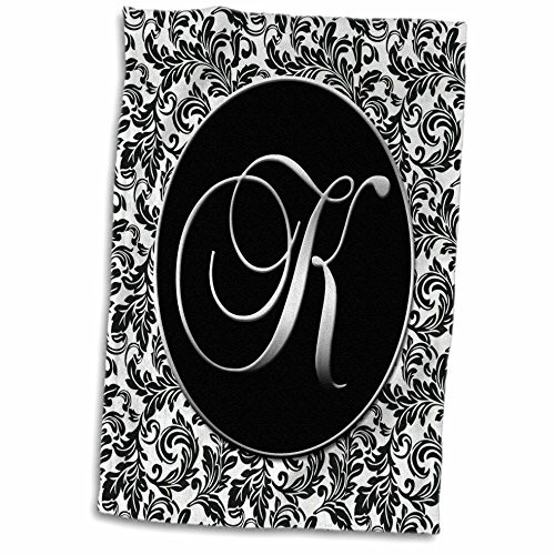 3D Rose Letter K - Black and White Damask TWL_38760_1 Towel 15" x 22"