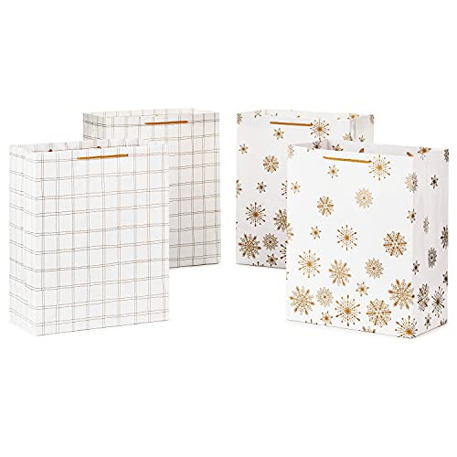 Hallmark 13" Large Holiday Bag Bundle -4 White Bags- Gold Snowflakes Gold Plaid- for Christmas Hanukkah Weddings Graduations Hallmark 13" Large Holiday Bag Bundle -4 White Bags- Gold Snowflakes Gold Plaid- for Christmas Hanukkah Weddings Graduations