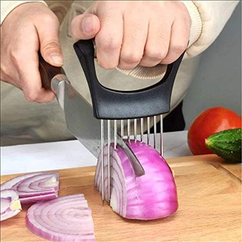 Onion Slicer Food Slice Assistant - Stainless Steel Onion Holder for Slicing - Vegetable Potato Cutter Slicer Onion Cutting ToolKitchen Gadget Onion Peeler Slicing Tool-Black- Onion Slicer Food Slice Assistant - Stainless Steel Onion Holder for Slicing - Vegetable Potato Cutter Slicer Onion Cutting ToolKitchen Gadget Onion Peeler Slicing Tool-Black-