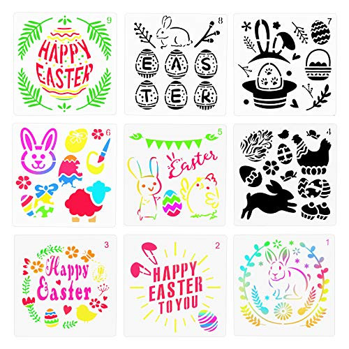 9pcs Easter Stencils Templates LANMOK Bunny Plastic Drawing Painting Stencil Template Happy Easter Art Craft Drawing for Easter DIY Decoration Kids Party Bag Filler