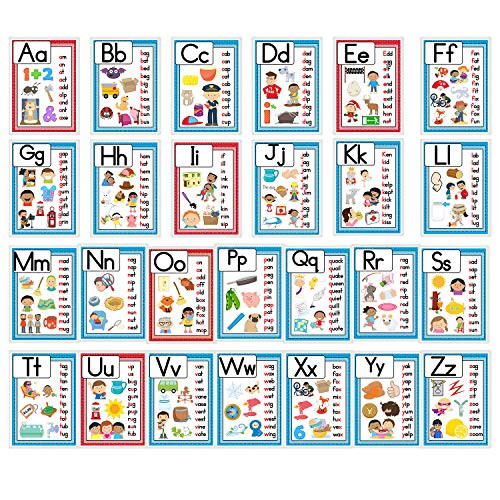 Richardy A-Z Alphabet Phonics CVC Words Flash Cards 26 Letters Toddlers Kids Learning FlashCards Kindergarten Preschool Educational Toys Kindergarten Supplies