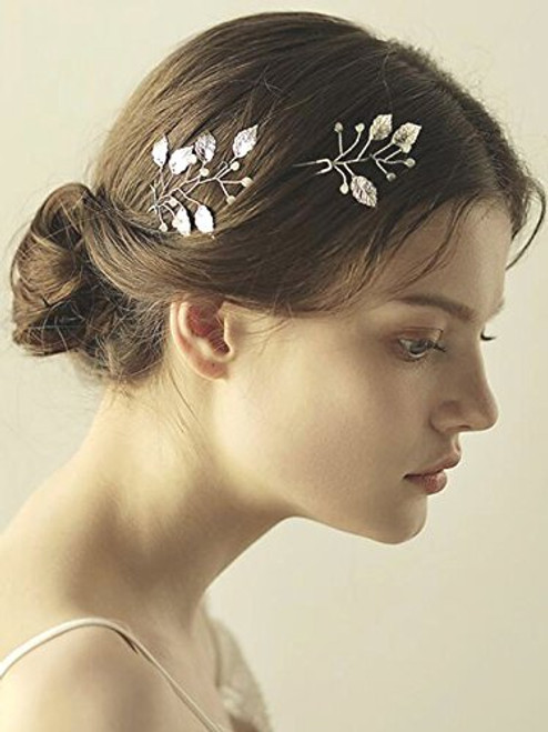 Yean Bride Wedding Hair Pins Leaf Bridal Hair Bobby Pin Accessories Hair Clips Opal Hair Pieces for Women and Girls -Silver-