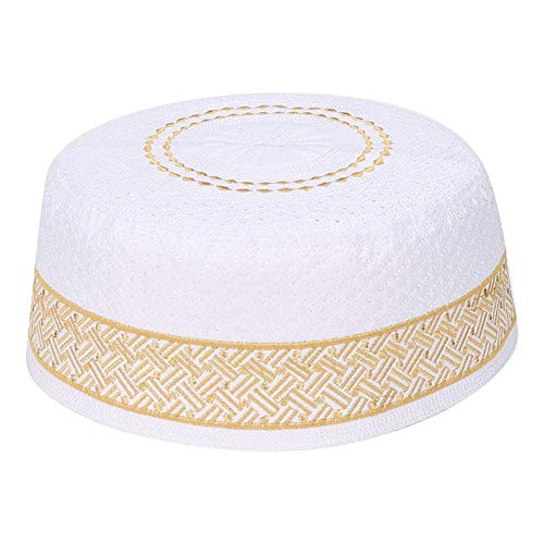 Men's Muslim Prayer Hat Embroidery Kufi Hat Skull Cap Islam Topi Prayer Hat Crochet Taqiyah Takke-57cm-22.4inch-Yellow-