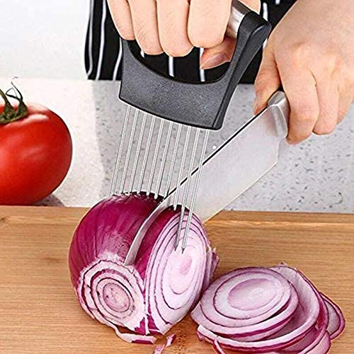 Stainless steel Cutting Kitchen gadgets vegetable holder for slicing Onion cutting toolHulless Stainless steel Onion Holder for Slicing. food slice assistkitchen Slicer Meat Slicer-1Pack-