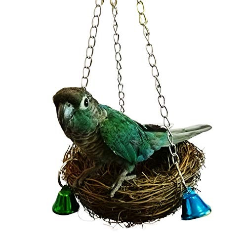 QBLEEV Bird Swing Bird Nest Hammock Rattan Nest Hanging Chew Toys Bird Cage Swing Perch with Bell Toys for Small Budgie Parrotlets Cockatiel Conure Lovebird Finch