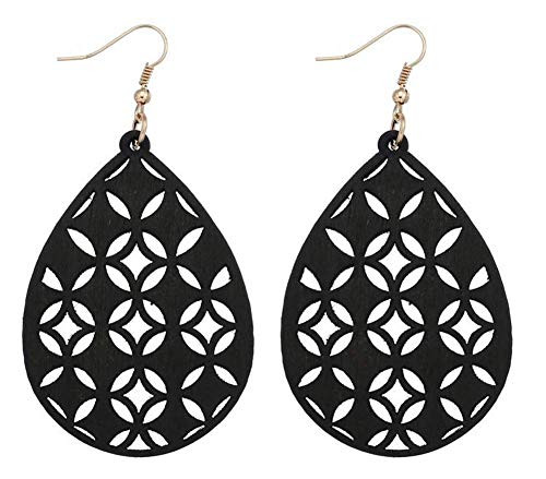 stylesilove Women Lightweight Bohemian Wooden Teardrop Cut-Out Dangle Earrings -Black-