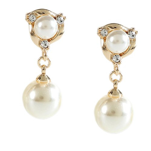 Clip on Dangle Earring Double Simulated Pearl Clip for non Pierced Gold Plated for teen Clip on Dangle Earring Double Simulated Pearl Clip for non Pierced Gold Plated for teen