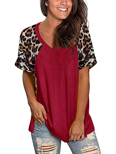 Uincloset Women's Leopard Print Patchwork Short Sleeve V Neck T Shirt Casual Tops Blouses -RedXX-Large-