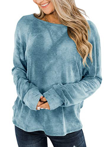 Bingerlily Women's Casual Long Sleeve Tunic Tops Crew Neck Tie Dye Shirts Loose Fitting Blouses Blue