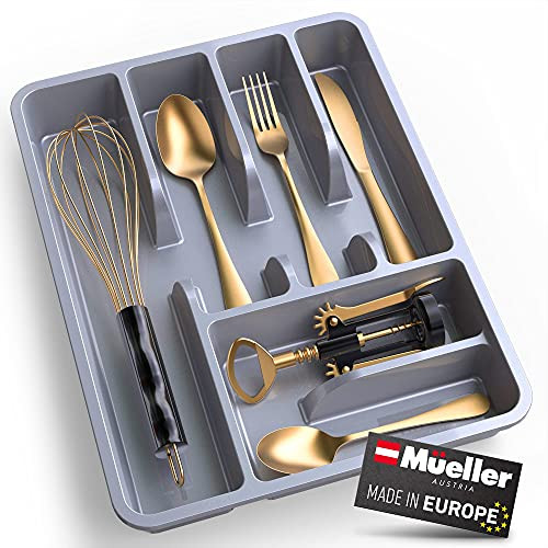 Mueller Flatware Kitchen Drawer Organizer 11.4" x 15" Silverware Organizer 6 Compartments Heavy-Duty Cutlery Tray for Utensils or Stuff Dining Room Living Room Light Gray